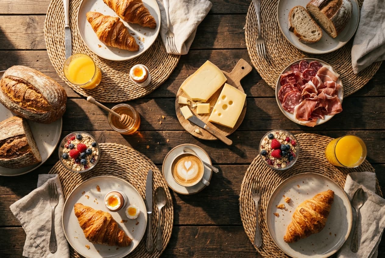 Gedeckter Frühstücks- und Brunch-Tisch mit Gebäck und Kaffee bei Brüggli in Bern